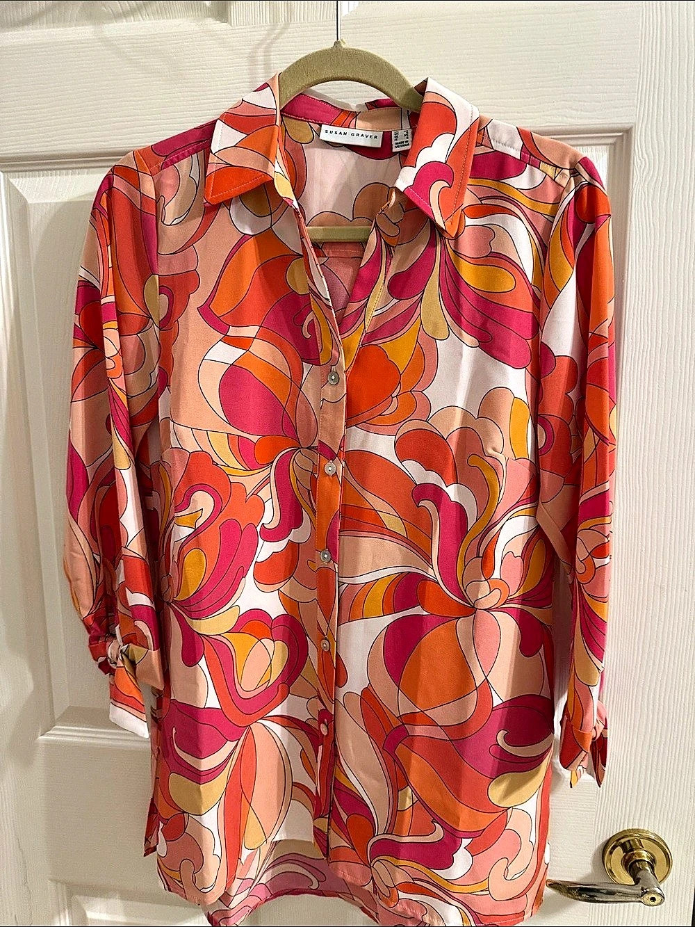 Susan Graver Abstract Button Down Shirt in Pink & Orange Size XS Like New